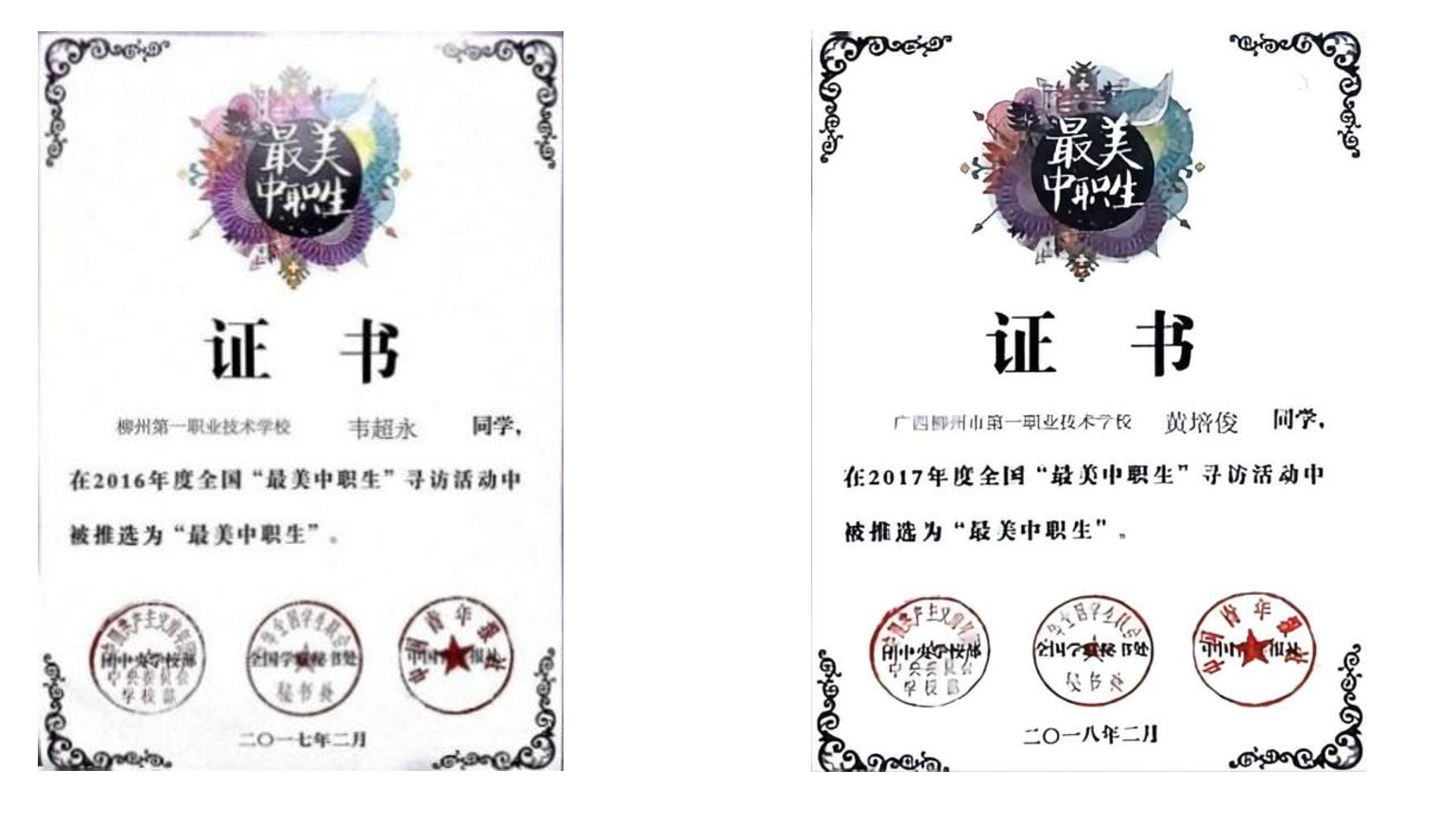 最美中职生证书